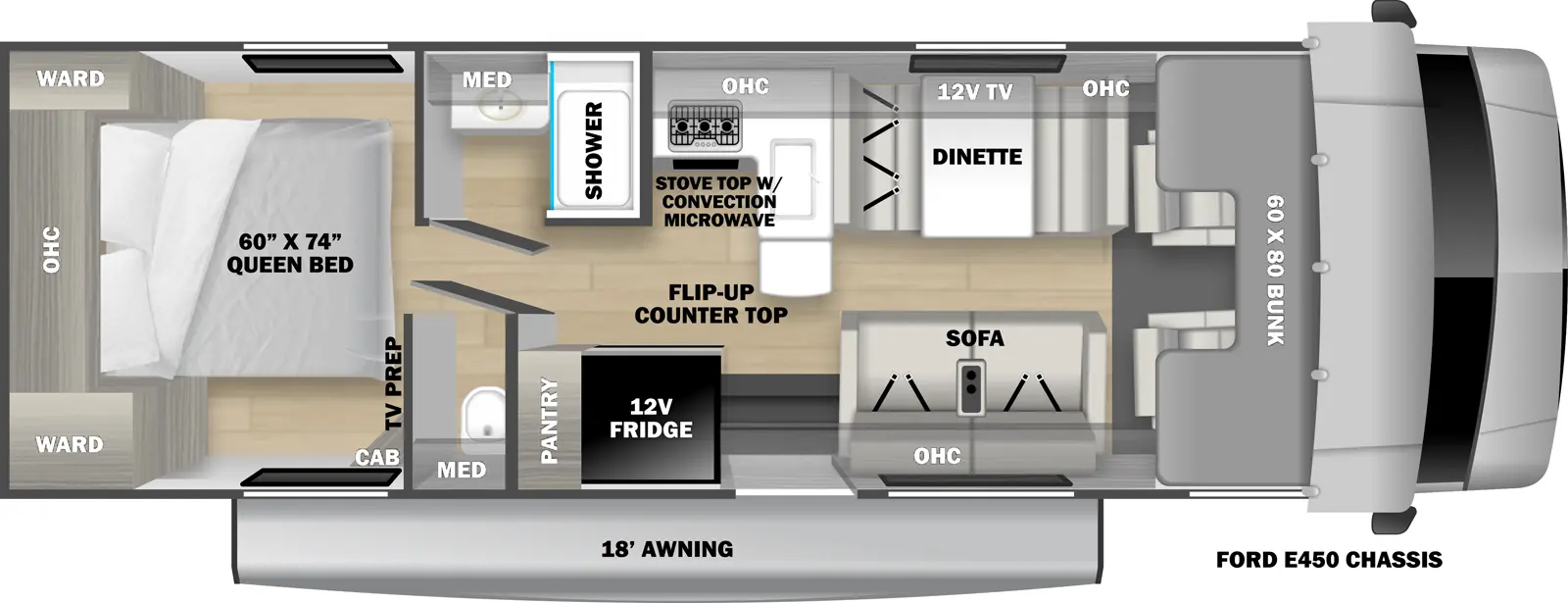 The 2950LE is a class c with no slideouts and one entry door. Exterior features an 18 foot awning. Interior layout front to back: front cab with cab over bunk; off door side dinette with 12 volt TV above, overhead cabinets, l-shaped counter with flip-up countertop extension, sink, and stovetop with convection microwave; door side sofa with overhead cabinets, entry door, 12 volt refrigerator, and pantry; split bathroom with off-door side shower, sink and medicine cabinet, and door side toilet with medicine cabinet; rear bedroom with rear queen bed with overhead cabinets and wardrobe on each side, and cabinet with TV prep at the foot of the bed on the door side.